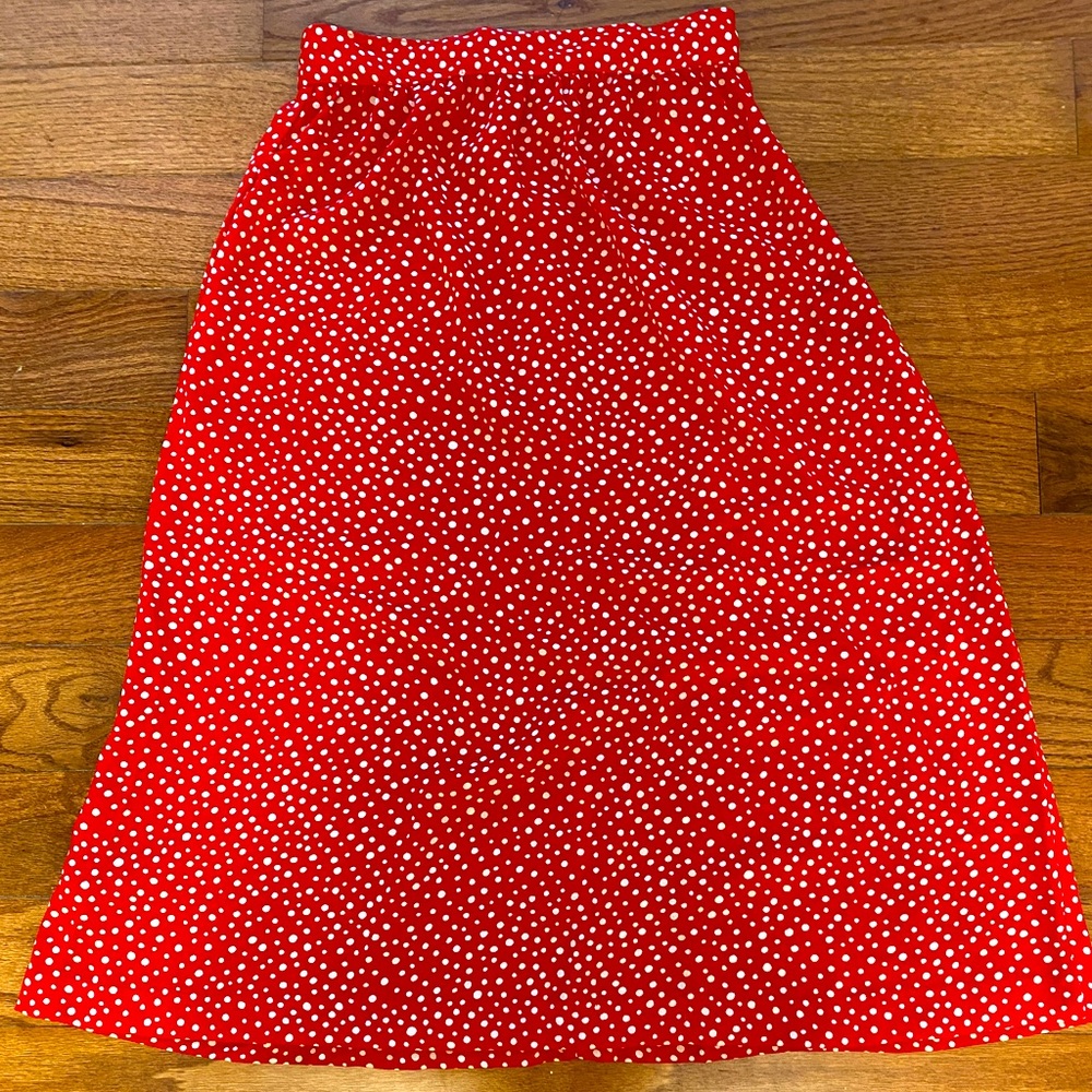 Vintage red polka dot midi skirt, Size XS/24” waist